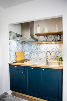 Cuisine ou kitchenette dans l'établissement Romantic sea view studio, steps away from the beach