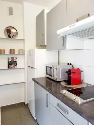Cuisine ou kitchenette dans l'établissement Cosy Studio à Cannes 8 min de la Croisette