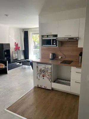 Cuisine ou kitchenette dans l'établissement Petit deux pièces avec piscine