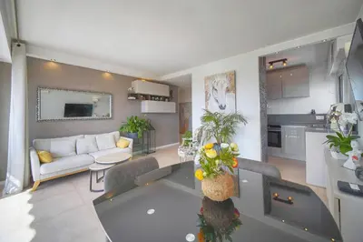 Télévision ou salle de divertissement dans l'établissement FRGK 'Etoile du sud TERRASSE Vue Mer PALM BEACH WIFI FIBRE'