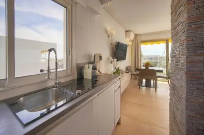 Cuisine ou kitchenette dans l'établissement FRGK 'Etoile du sud TERRASSE Vue Mer PALM BEACH WIFI FIBRE'