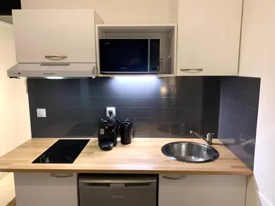 Cuisine ou kitchenette dans l'établissement Cannes city center cozy studio 100 m from beach AC Wifi all within walking distance