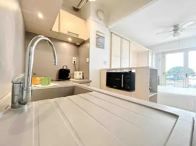 Cuisine ou kitchenette dans l'établissement Le Dulys : Apt 2 prs, vue mer, clim, 2 min plages