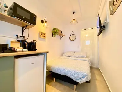Cuisine ou kitchenette dans l'établissement Mini-Studio Le Cormoran SCLS - Wifi, Clim, Centre Ville