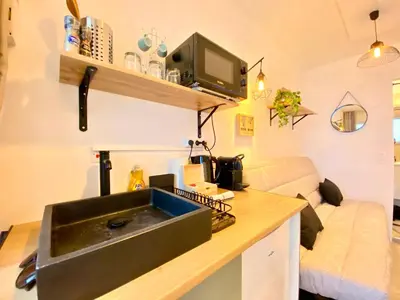 Cuisine ou kitchenette dans l'établissement Mini-Studio Le Cormoran SCLS - Wifi, Clim, Centre Ville