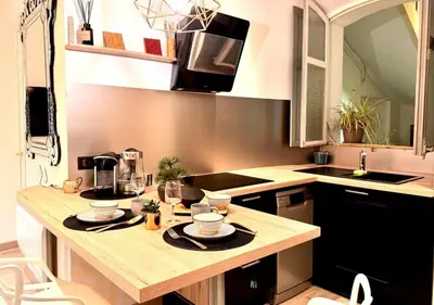 Cuisine ou kitchenette dans l'établissement StudioCalifornia-Parking-Plages 15 min walk