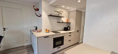 Cuisine ou kitchenette dans l'établissement Juan 4 prs, clim, 300m plage, piscine, parking