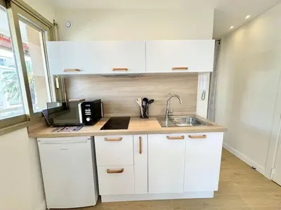 Cuisine ou kitchenette dans l'établissement Le studio Palm Beach, Clim ,Parking, Neuf