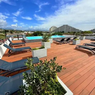 charmant 3 pièces neuf SUR JARDIN piscine débordement en Rooftop VUE MER ET MONTAGNES parking gratuit climatisation 2 CHAMBRES