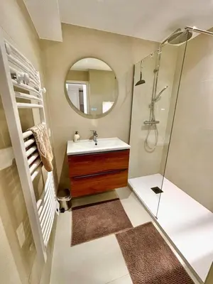 Salle de bains dans l'établissement 1-bedroom apartment 50 m from the beach with terrace swimming pool AC