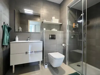 Salle de bains dans l'établissement T2 Moderne Terrasse 2min Plages de Juan-les-Pins!