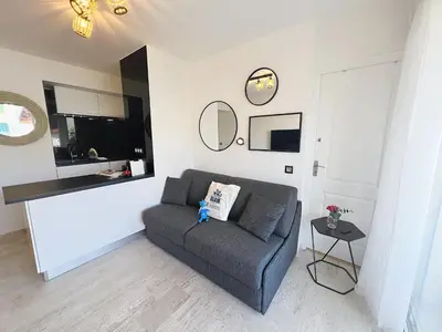 Télévision ou salle de divertissement dans l'établissement Bright and vast studio terrace easy parking Cannes heart of town 1 mn