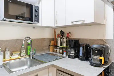 Cuisine ou kitchenette dans l'établissement Les pins bleus
