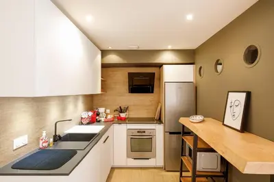 Cuisine ou kitchenette dans l'établissement Juan les pins confort et commodites