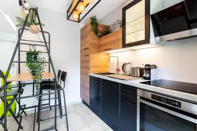Cuisine ou kitchenette dans l'établissement Le Baronne- Charmant studio climatisé au calme proche Plage et Palais des Festivals