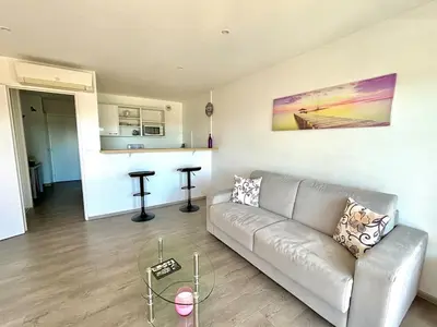 Coin salon dans l'établissement Grand studio climatisé, piscine, plage 5mn, parking gratuit