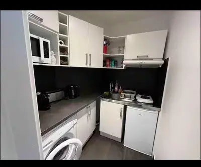 Cuisine ou kitchenette dans l'établissement Terrasse Clim Wifi Parking 10 min à pieds de la Croisette