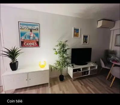 Télévision ou salle de divertissement dans l'établissement Terrasse Clim Wifi Parking 10 min à pieds de la Croisette