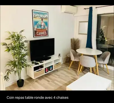 Télévision ou salle de divertissement dans l'établissement Terrasse Clim Wifi Parking 10 min à pieds de la Croisette