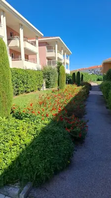 Jardin de l'établissement Grand studio front de mer climatisé-piscine-parking- Juan les pins
