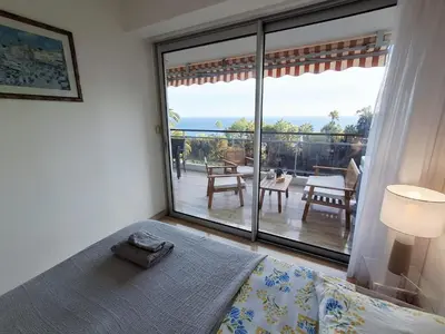Balcon ou terrasse dans l'établissement Splendid sea view 4 people pool wifi air conditioning parking