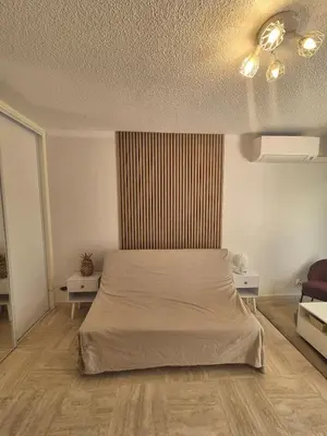 Un ou plusieurs lits dans un hébergement de l'établissement Studio avec jardin à Villeneuve-Loubet