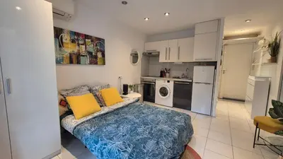 Cuisine ou kitchenette dans l'établissement Croisette, studio with garden, air conditioning