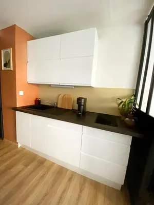Cuisine ou kitchenette dans l'établissement Appart cosy climatisé Marina Baie des Anges