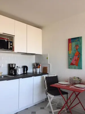 Cuisine ou kitchenette dans l'établissement appartement Terrasse magnifique vue mer et yachts