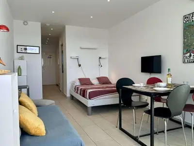Télévision ou salle de divertissement dans l'établissement Studio moderne, 2 couchages, climatisé avec parking à Villeneuve Loubet Plage - FR-1-252A-19