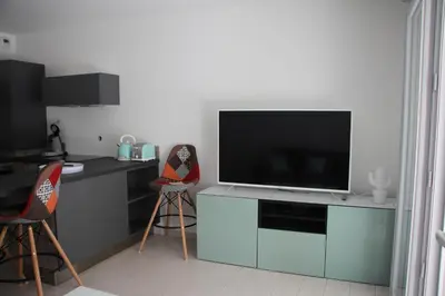 Télévision ou salle de divertissement dans l'établissement Centre Juan les Pins 1 bedroom with AC, swimming pool and parking