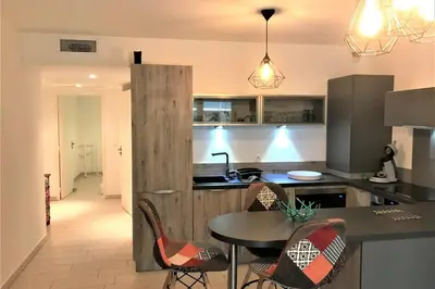 Cuisine ou kitchenette dans l'établissement Centre Juan les Pins 1 bedroom with AC, swimming pool and parking