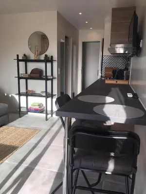 Un ou plusieurs lits dans un hébergement de l'établissement Bord de mer, studio avec terrasse