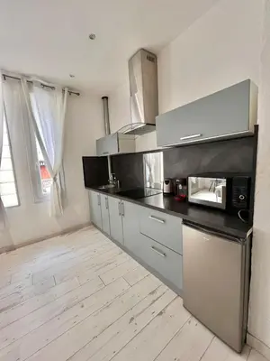 Cuisine ou kitchenette dans l'établissement Grand studio climatisé à 3min des plages de Juan les pins