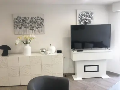 Télévision ou salle de divertissement dans l'établissement Loft ravissant avec piscine