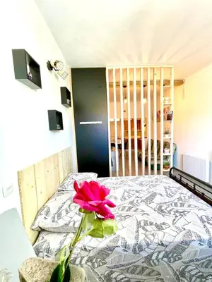 Un ou plusieurs lits dans un hébergement de l'établissement APPARTEMENT WOOD DESING PROCHE CANNES