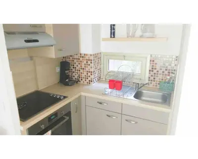 Cuisine ou kitchenette dans l'établissement T2 A/C côte d'Azur, piscine, plage á 350m, WIFI