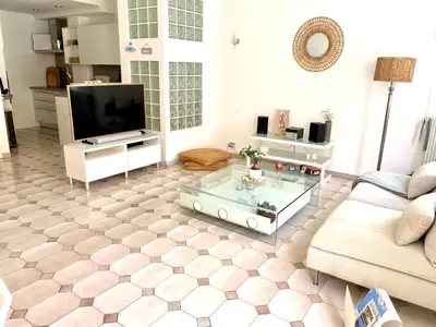 Télévision ou salle de divertissement dans l'établissement Appartement 3P 88 m2 terrasse et jardin à 20 metres de la plage