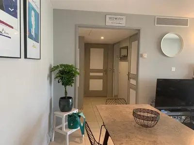 Télévision ou salle de divertissement dans l'établissement Joli 2p climatisé dans résidence calme et securisée avec piscine