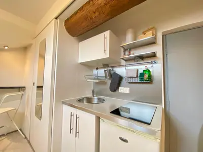Cuisine ou kitchenette dans l'établissement Mini Studio Le Chabaud SCLS - Wifi, Clim, Centre-Ville