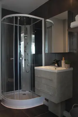 Salle de bains dans l'établissement LES PALMIERS - Appartement avec piscine proche plages - Wifi et Clim