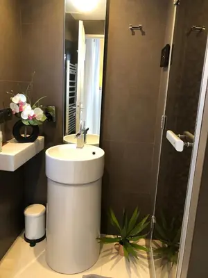 Salle de bains dans l'établissement Appartement montfleury, 2 terrasses, 2 chambres , 2 sdb , pkg privé piscine, 15 min walk to Croisette beach and Palais des festivals
