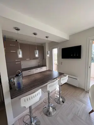 Cuisine ou kitchenette dans l'établissement Appartement climatisé avec terrasse, vue jardin et piscine