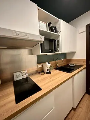 Cuisine ou kitchenette dans l'établissement Le petit Juanais - parking privé